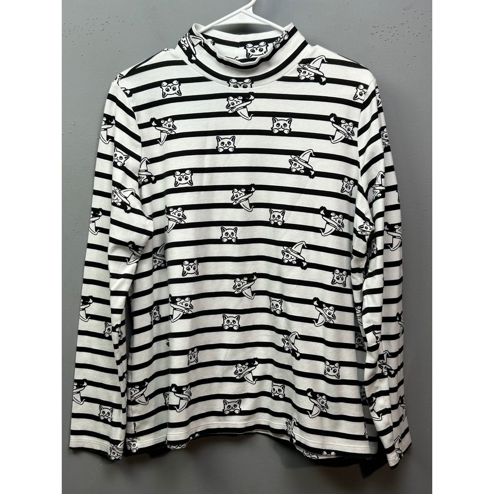 Kim Rogers Womens XL Mock Neck Striped Cat Witch Hat Graphic Top Black White
